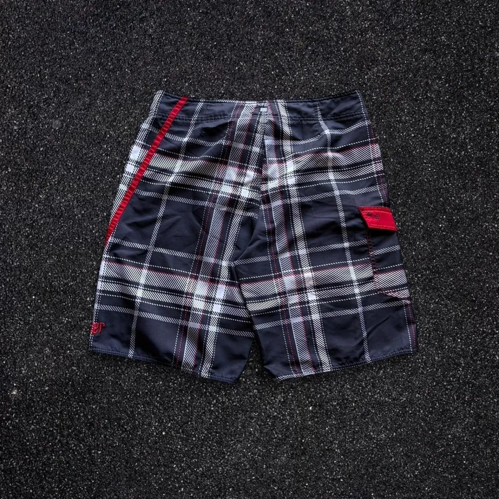 Quiksilver Mens Plaid Board Shorts Black‎ Red White Swim Trunks Size 35